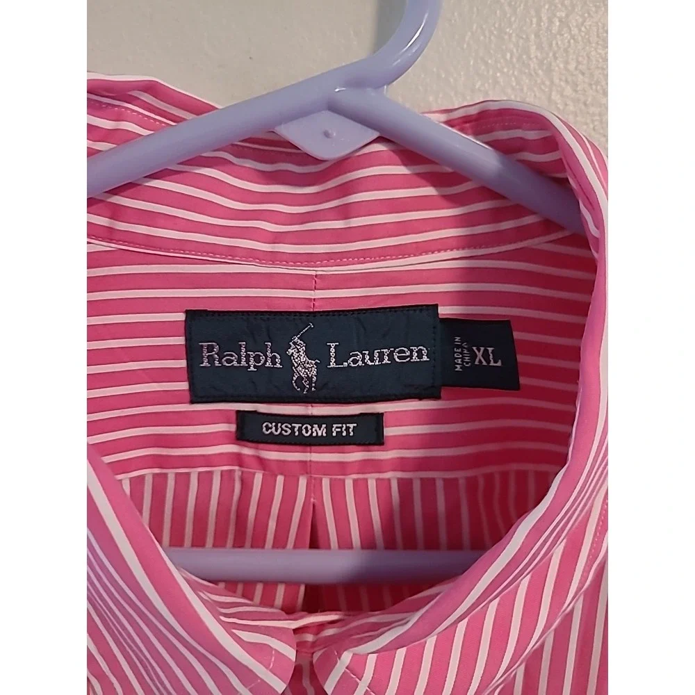Y2K Ralph Lauren Polo Custom Fit Candy Stripe Button Down XLarge Pink White Logo